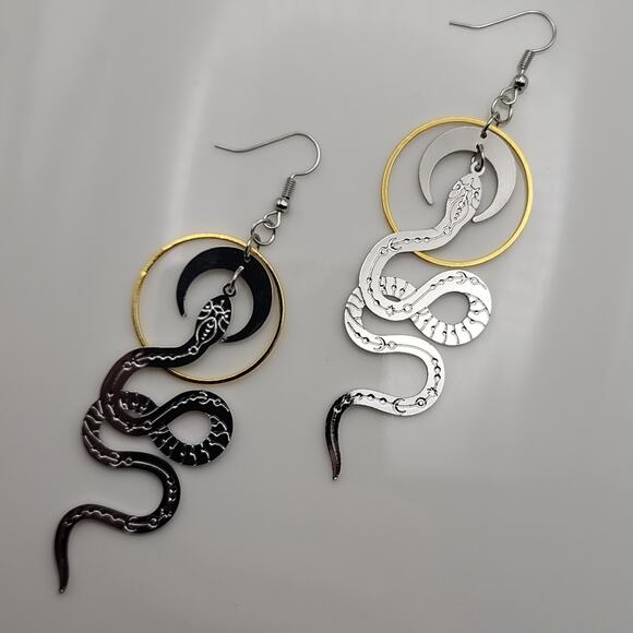 Celestial Serpent Moon Phase Snake Earrings - Picture 2 of 6